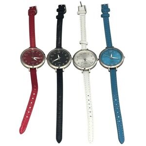 Lot of 4 Fashion Quartz Wristwatches - Red, Black, White, Blue Faux Leather